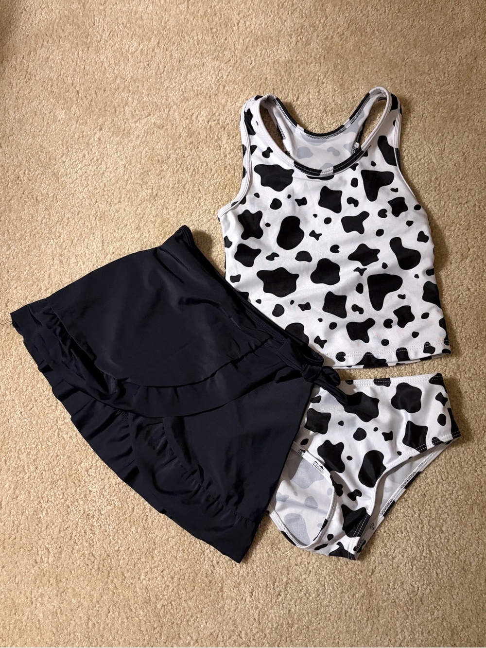 Girls Cow Print Tankini Set with Black Swim Skirt